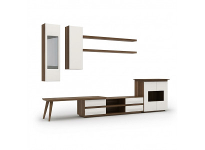 Komplett Set fir Wunnzëmmer 7 Deeler TV-Stänner + Couchtisch Holzmöbel Vitrine Modern
