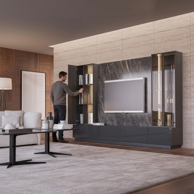 Wunnzëmmertmëttelen Komplett Set 6 Stéck Designer Wunnwand Holzmöbelen Luxus Ariichtung