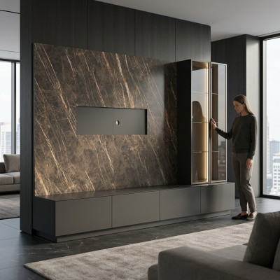 Designer Wunnwand, 6-Deeler, Luxus Holzmiwwelen, Wunnzëmmertmiwwelen, Gro, Modern.