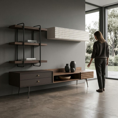 Braun Komplett Wunnzëimmerméiwel Mauereschaf Wunnwand TV-Ständer Wandregaler.