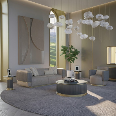 Wunnzëmmer Komplett 2stéck Dräisiichter Sofa Polstermebel Sessel Modern Design