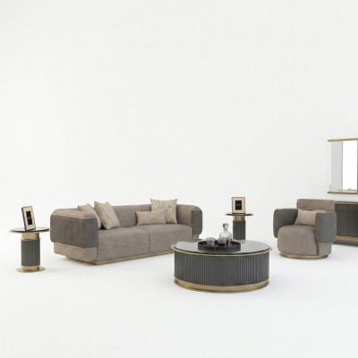 Wunnzëmmer Komplett 2stéck Dräisiichter Sofa Polstermebel Sessel Modern Design