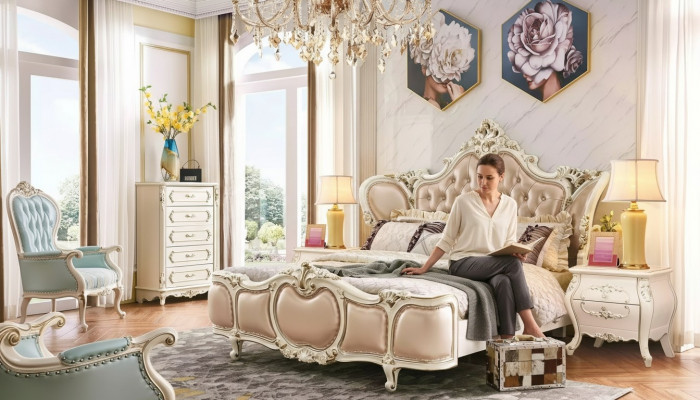 klassesch Miwwelen Schlofzëmmer Set Bett 2x Nuetsdëscher Kommoud Luxus Set 4 Deeler