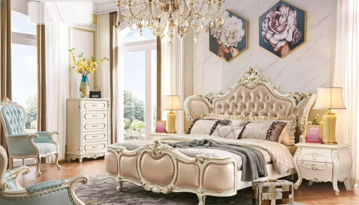 klassesch Miwwelen Schlofzëmmer Set Bett 2x Nuetsdëscher Kommoud Luxus Set 4 Deeler