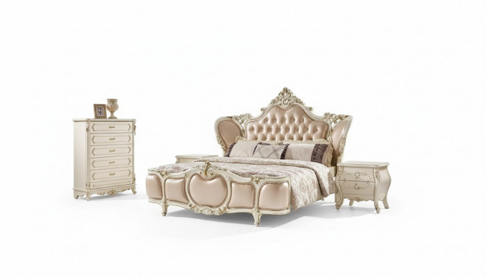 klassesch Miwwelen Schlofzëmmer Set Bett 2x Nuetsdëscher Kommoud Luxus Set 4 Deeler