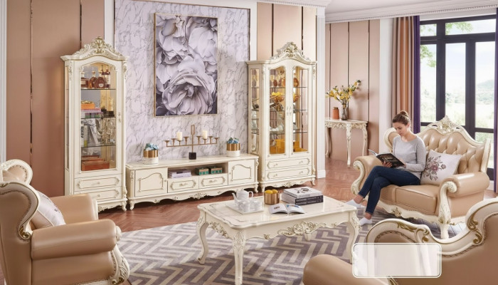 Wunnzëmmer Set schick klassesch Miwwelen TV Stänner 2x Vitrin Couchtisch