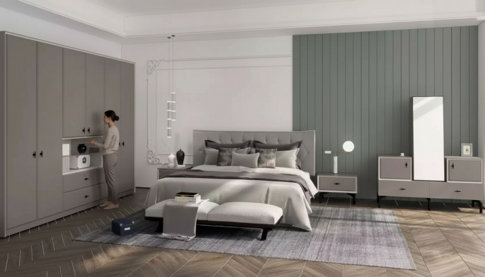 Grau Schlofzëmmer Garnitur Designer Bett Kommode Kleederschaf Luxus 5-Deeler