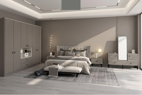 Grau Schlofzëmmer Garnitur Designer Bett Kommode Kleederschaf Luxus 5-Deeler