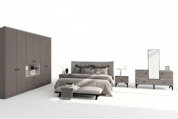 Grau Schlofzëmmer Garnitur Designer Bett Kommode Kleederschaf Luxus 5-Deeler