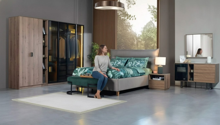 Schlofzëmmer Set Loft Design Bett Schafschaf Bette Kommode Nuetsdësch 5-dësch.
