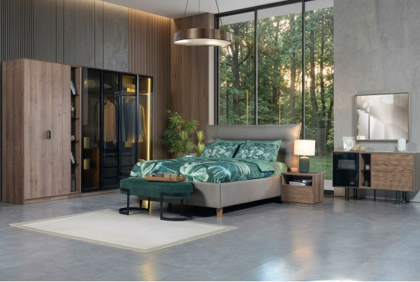 Schlofzëmmer Set Loft Design Bett Schafschaf Bette Kommode Nuetsdësch 5-dësch.