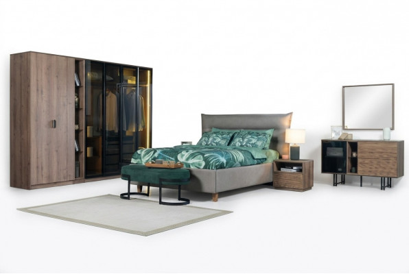 Schlofzëmmer Set Loft Design Bett Schafschaf Bette Kommode Nuetsdësch 5-dësch.