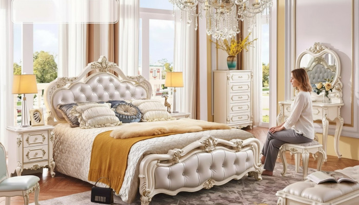 Schlofkummer Set Bett 2x Nuetsdëscher Friséierdësch Hocker Kommode 6tlech Luxus