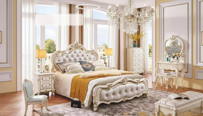 Schlofkummer Set Bett 2x Nuetsdëscher Friséierdësch Hocker Kommode 6tlech Luxus