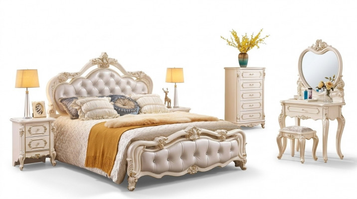 Schlofkummer Set Bett 2x Nuetsdëscher Friséierdësch Hocker Kommode 6tlech Luxus