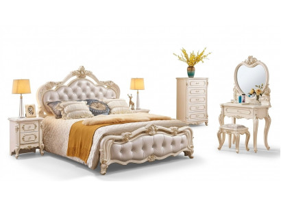 Schlofkummer Set Bett 2x Nuetsdëscher Friséierdësch Hocker Kommode 6tlech Luxus