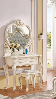 Klassesche Make-up-Dësch Hocker Designer Holzmiwwel Set Schlofzëmmer 2 Deeler
