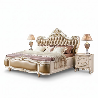 Klassesche Luxus-Schlofzëmmer-Set Luxus 3 Deeler Bett + 2x Nuetsdëscher nei