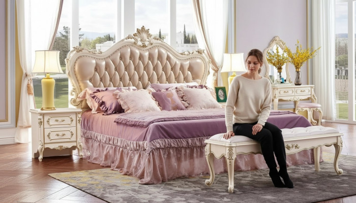 Schlofzëmmer Set Chesterfield Bett 2x Nolueden klassesch Miwwelen 3 Deeler