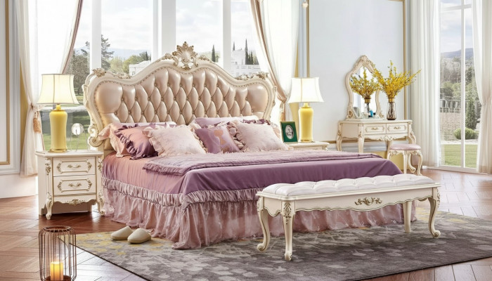 Schlofzëmmer Set Chesterfield Bett 2x Nolueden klassesch Miwwelen 3 Deeler