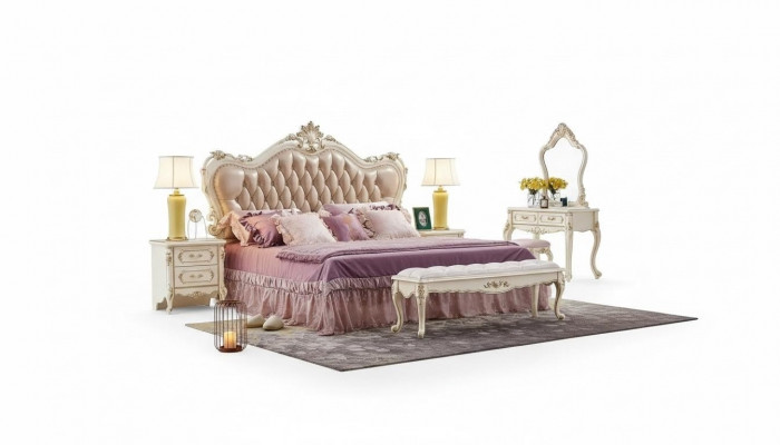 Schlofzëmmer Set Chesterfield Bett 2x Nolueden klassesch Miwwelen 3 Deeler