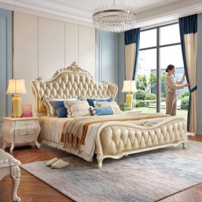 Schlofzëmmer Set klassesch Bett Chesterfield 2x Nuetsdëscher Massivholz 3-Stéck
