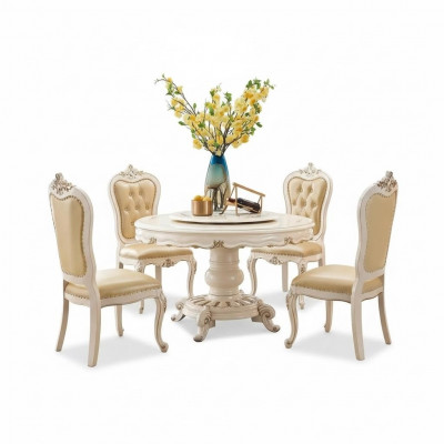 Klassesch hellbéis Iesszëmmer Set Luxus Ronnen Iessdësch a 4 Chesterfield Still 5 Deeler Garnitur