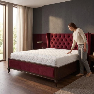 Klassesch Chesterfield-Stil Better Luxus Duebelbett Holzmiwwelen Rout Samett
