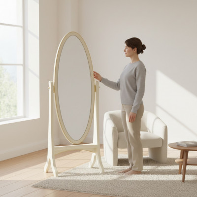 Wunnzëmmer Buedemspigel Spigelchen Holzrahmen Oval wäiss Standspigel Spigel