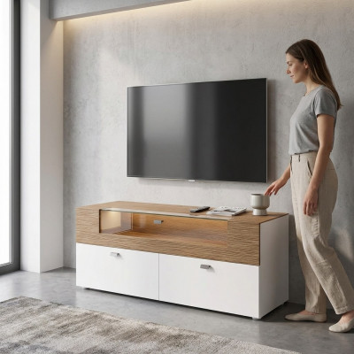 Wunnwand TV Stänner wäiss RTV Lowboard Vitrine Holz Modern Wunnzëmmer
