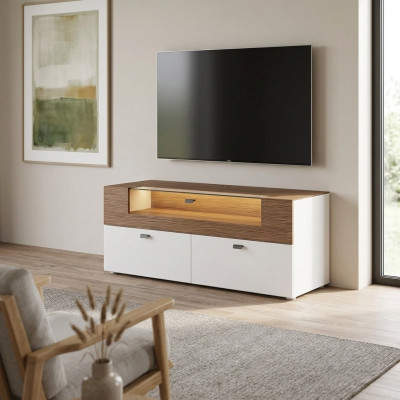 Wunnwand TV Stänner wäiss RTV Lowboard Vitrine Holz Modern Wunnzëmmer