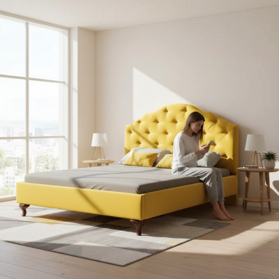Chesterfield giel Bett fir d’Schlofkummer Betten Duebel hellen Luxus