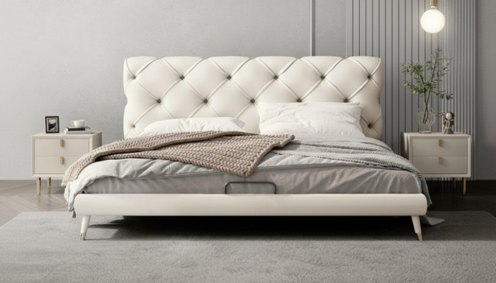 Bett Nuetsdësch 3 Stéck Schlofzëmmer Set Design Modern Luxus Better Beige