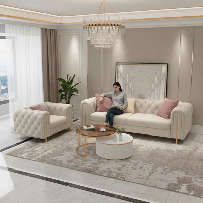 Set 2 tlg Wunnzëmmer Sofagarnitur duebel Sofa Canapé Modern Fotell Lieder
