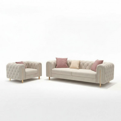 Set 2 tlg Wunnzëmmer Sofagarnitur duebel Sofa Canapé Modern Fotell Lieder