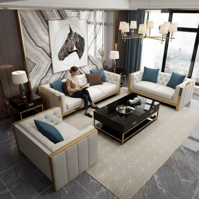 Wunnzëmmer Set Sofa 3+1 Sëtzer luxuriéis wäiss Sofas Design Lieder nei