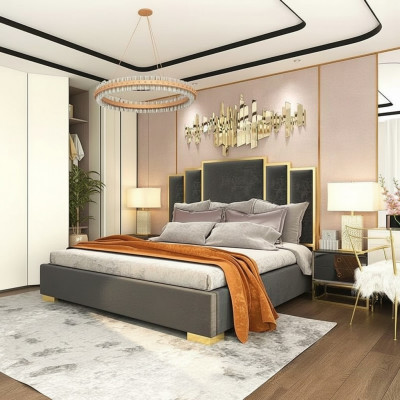 Bett 2x Nuetsdësch 3-Stéck Schlofzëmmer Set Design Modern Luxus Nuetsdëscher