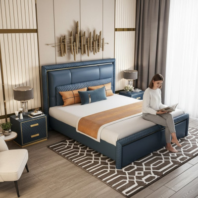 Schlofzëmmer Set Bett 2x Nuetsdësch 3 Stéck Design Modern Luxus Blo Gold