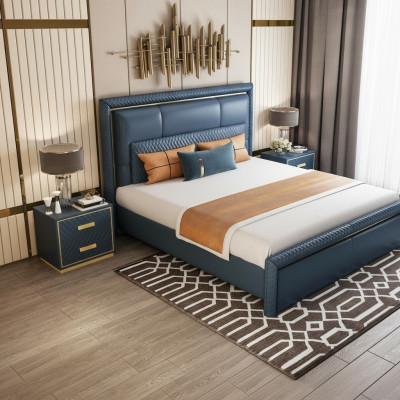 Schlofzëmmer Set Bett 2x Nuetsdësch 3 Stéck Design Modern Luxus Blo Gold