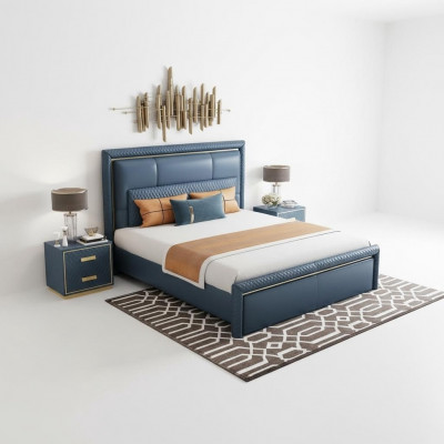 Schlofzëmmer Set Bett 2x Nuetsdësch 3 Stéck Design Modern Luxus Blo Gold