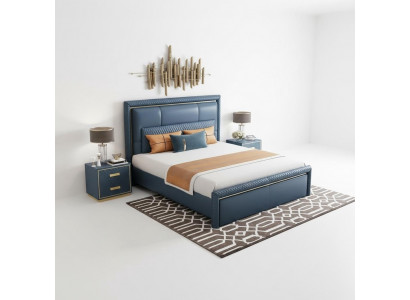 Schlofzëmmer Set Bett 2x Nuetsdësch 3 Stéck Design Modern Luxus Blo Gold