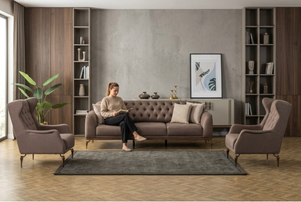 Beige Chesterfield Wunnzëmmer Sofa-Sätz 3+1 Sëtzer Luxus Dräichen Nei