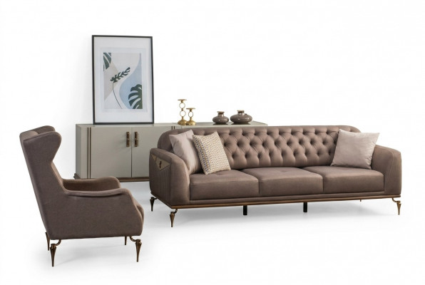 Beige Chesterfield Wunnzëmmer Sofa-Sätz 3+1 Sëtzer Luxus Dräichen Nei