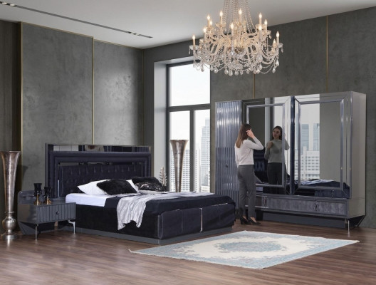 Schwaarzt Schlofzëmmer Set Luxus Garnitur Bett 2x Nuetsdëscher Schaf