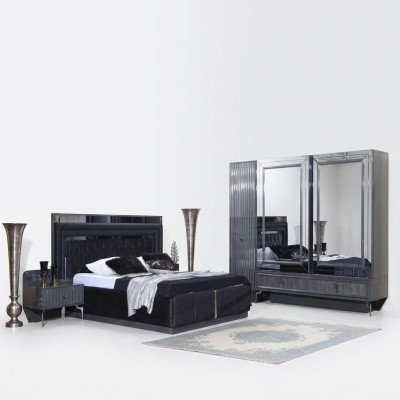 Schwaarzt Schlofzëmmer Set Luxus Garnitur Bett 2x Nuetsdëscher Schaf