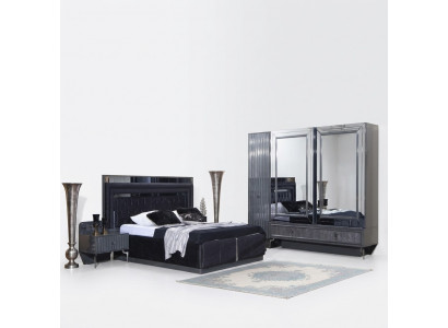 Schwaarzt Schlofzëmmer Set Luxus Garnitur Bett 2x Nuetsdëscher Schaf