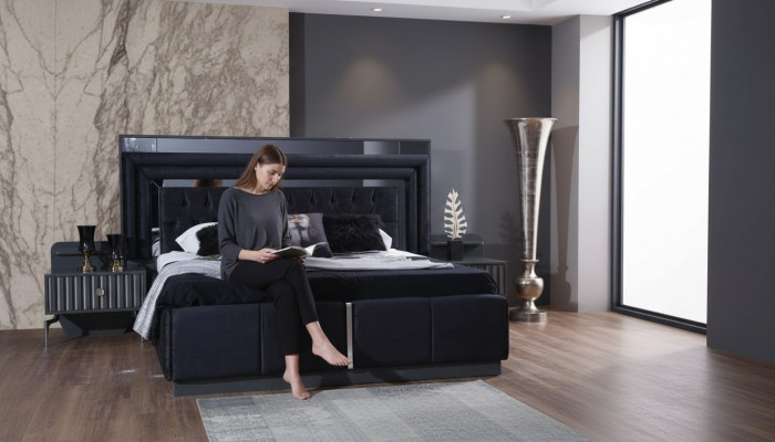 Schwaarzt Luxus Chesterfield Duebelbett Modern Bettgestell Holz Miwwelen