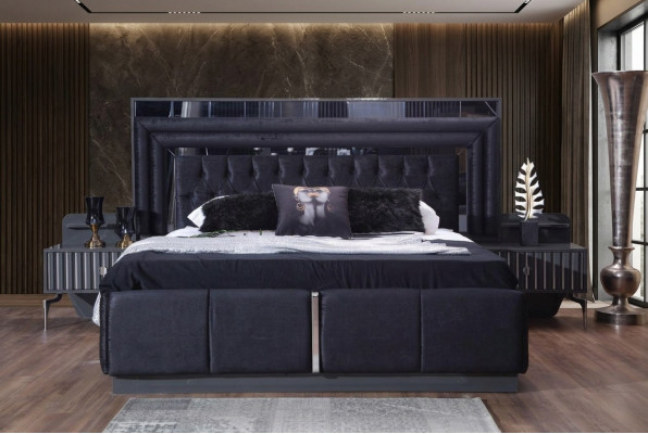 Schwaarzt Luxus Chesterfield Duebelbett Modern Bettgestell Holz Miwwelen