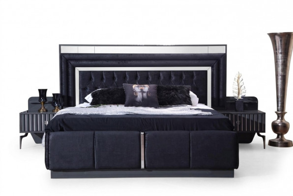 Schwaarzt Luxus Chesterfield Duebelbett Modern Bettgestell Holz Miwwelen