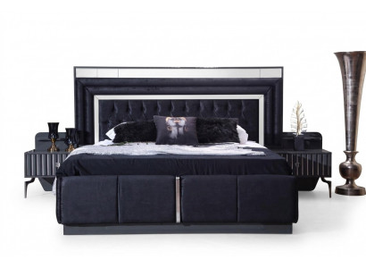 Schwaarzt Luxus Chesterfield Duebelbett Modern Bettgestell Holz Miwwelen